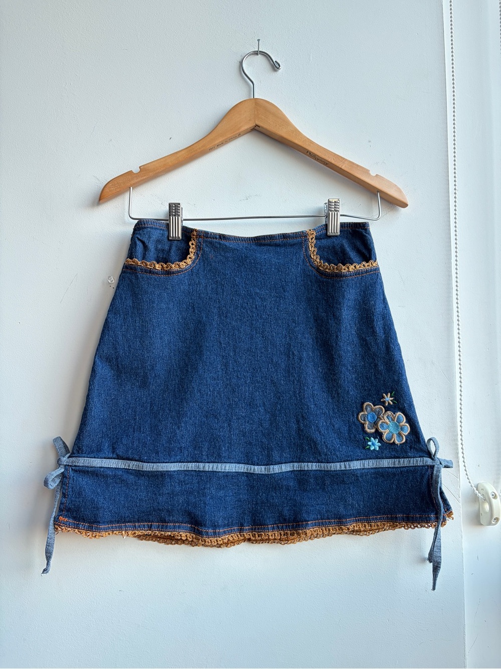 Vintage Allura Blues Y2K Denim Mini Skirt with Rickrack trim + floral embroidery